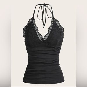 PUNK Grunge Contrast Lace Ruched Halter Top